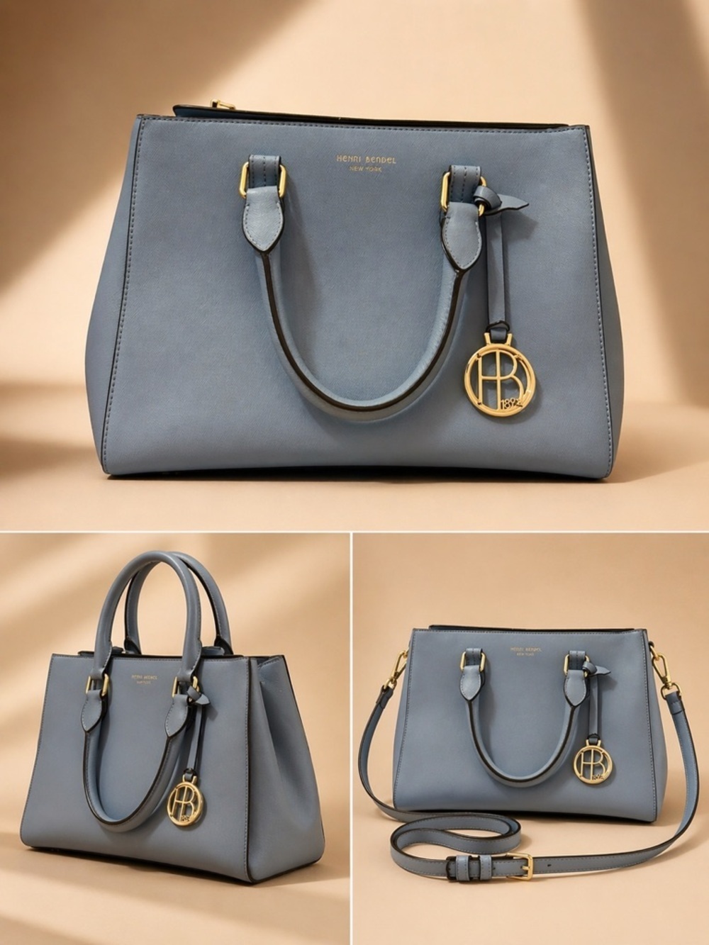 Henri Bendel New York Blue Saffiano Leather Satchel Top Handle Crossbody